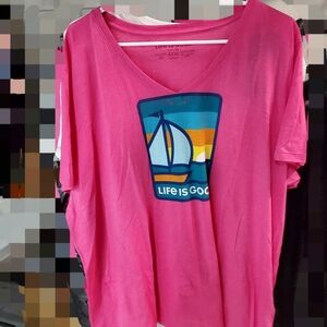 Life is Good Pink V-neck T-Shirt